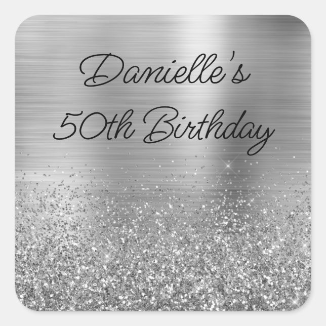 Sparkly Silver Glitter and Foil 50th Birthday Square Sticker (Front)