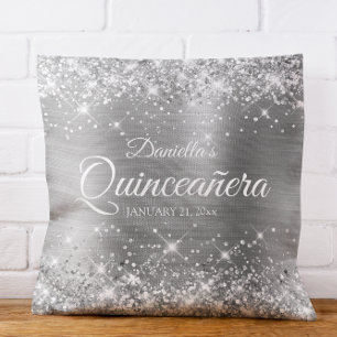 Sparkly Silver Glitter and Foil Quinceañera Cushion