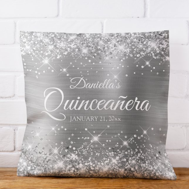 Sparkly Silver Glitter and Foil Quinceañera Cushion (Sparkly Silver Glitter and Foil Quinceañera Throw Pillow)