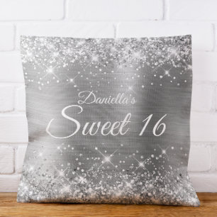 Sparkly Silver Glitter and Foil Sweet 16 Cushion