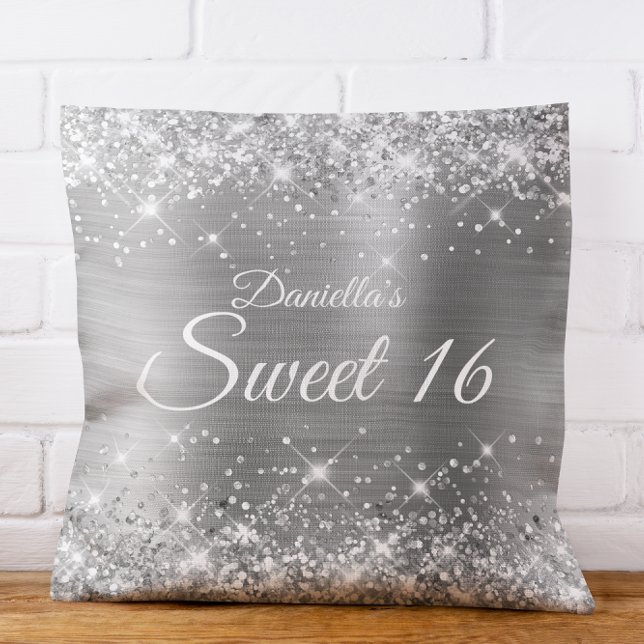 Sparkly Silver Glitter and Foil Sweet 16 Cushion (Sparkly Silver Glitter and Foil Sweet 16 Throw Pillow)