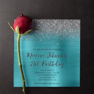Sparkly Silver Glitter Aqua Blue 21st Birthday Invitation