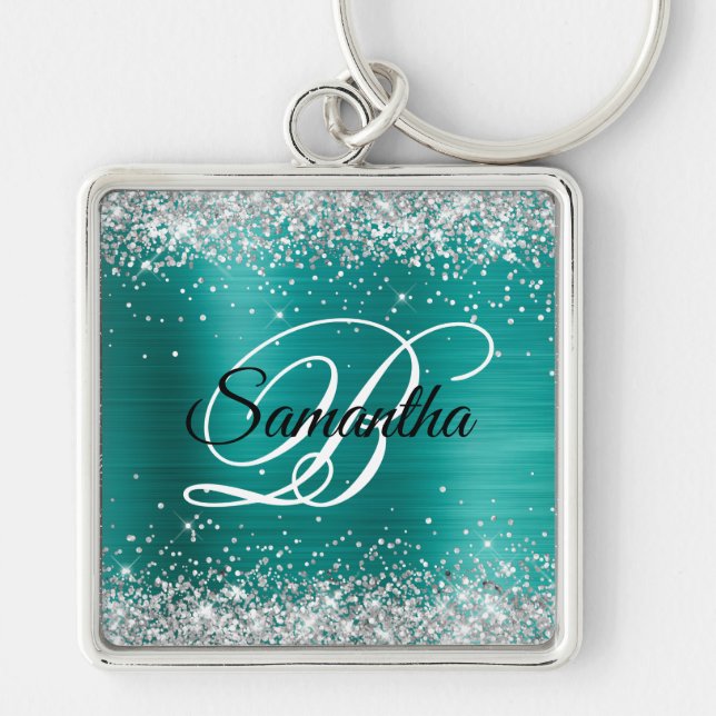Sparkly Silver Glitter Aqua Teal Foil Monogram Key Ring (Front)