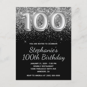 Sparkly Silver Glitter Black 100th Birthday Invitation Postcard