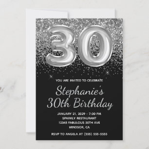 Sparkly Silver Glitter Black Balloon 30th Birthday Invitation