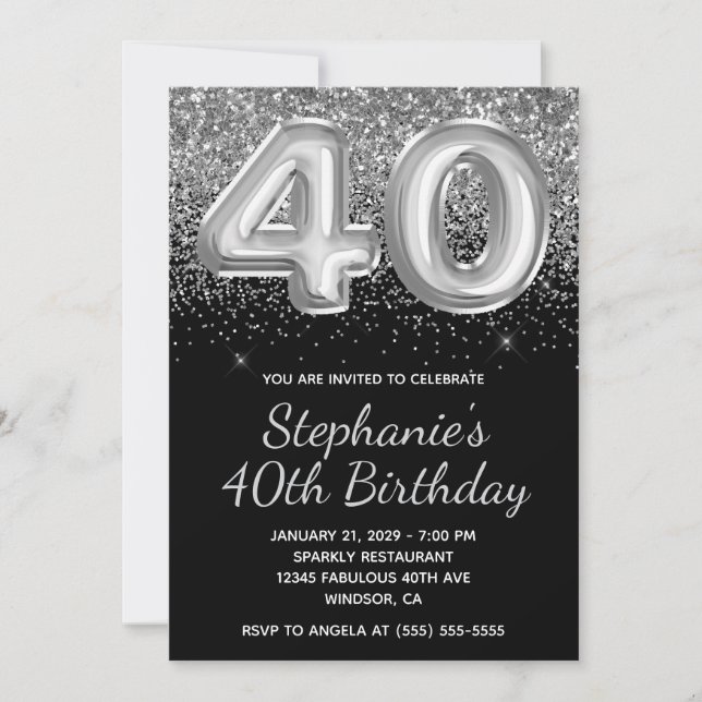 Sparkly Silver Glitter Black Balloon 40th Birthday Invitation (Front)