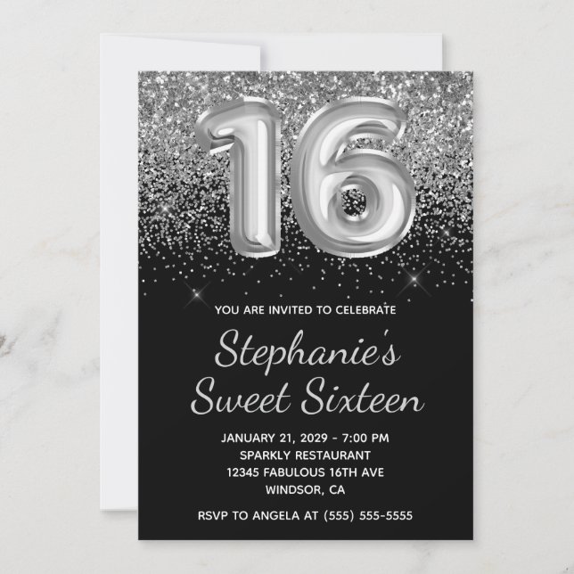 Sparkly Silver Glitter Black Balloon Sweet Sixteen Invitation (Front)