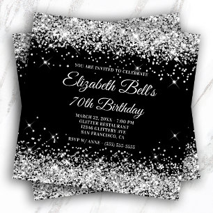 Sparkly Silver Glitter Black Colour 70th Birthday Invitation