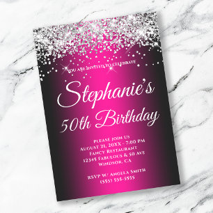 Sparkly Silver Glitter Black Edge Magenta Gradient Invitation