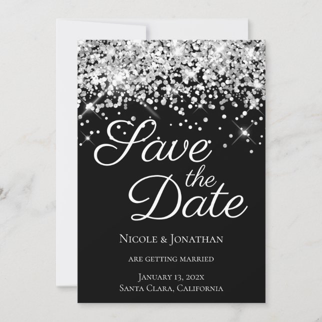 Sparkly Silver Glitter Black Elegant Calligraphy Save The Date (Front)