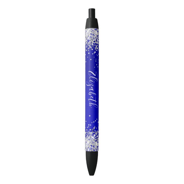 Sparkly Silver Glitter Blue Satin Black Ink Pen (Front Vertical)