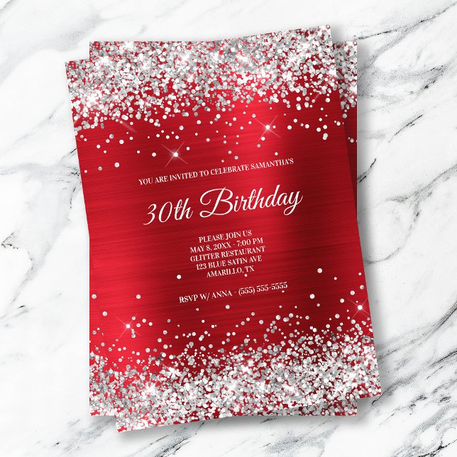 Sparkly Silver Glitter Bright Red Satin Foil Invitation (Creator Uploaded)