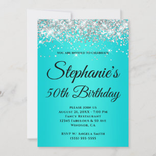 Sparkly Silver Glitter Bright Turquoise Gradient Invitation