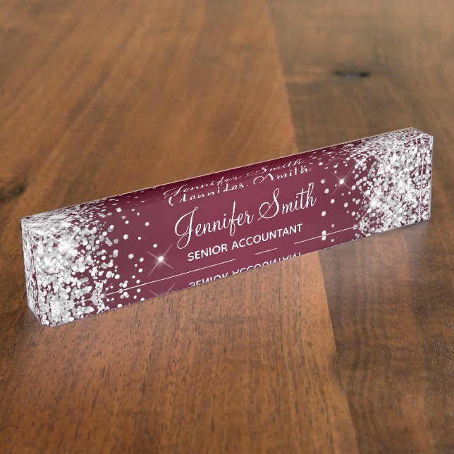 Sparkly Silver Glitter Burgundy Gradient Nameplate (Side)