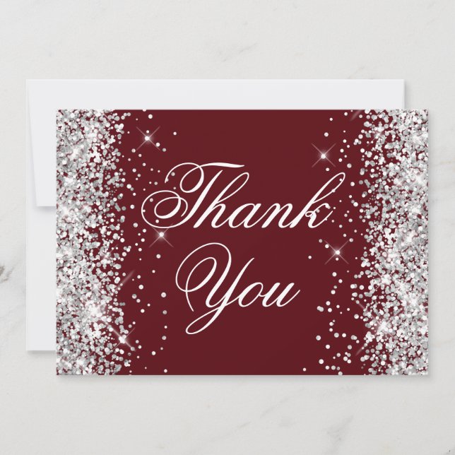 Sparkly Silver Glitter Burgundy Thank You Card (Front)