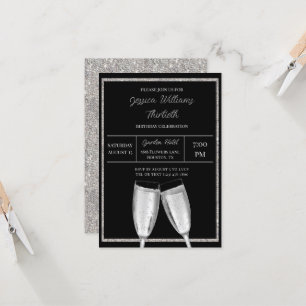 Sparkly Silver Glitter, Champagne Birthday Invitation