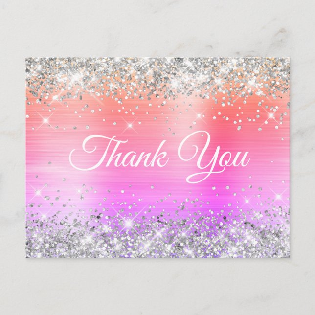Sparkly Silver Glitter Coral Pink Foil Thank You Postcard (Front)