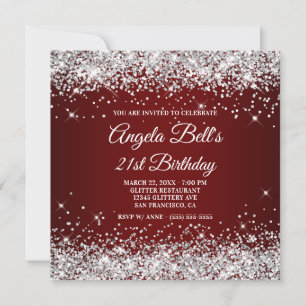 Sparkly Silver Glitter Dark Red 21st Birthday Invitation
