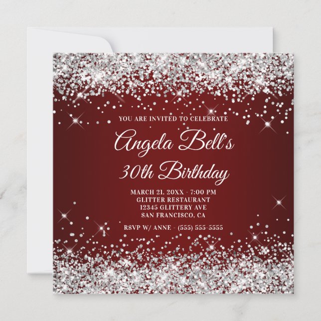 Sparkly Silver Glitter Dark Red 30th Birthday Invitation (Front)