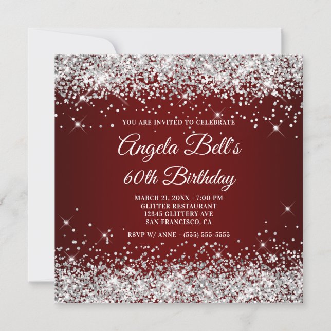 Sparkly Silver Glitter Dark Red 60th Birthday Invitation (Front)