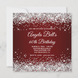 Sparkly Silver Glitter Dark Red 60th Birthday Invitation