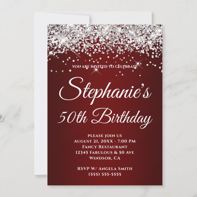 Sparkly Silver Glitter Dark Red Gradient Invitation (Front)