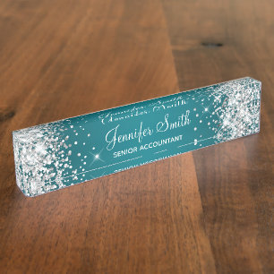 Sparkly Silver Glitter Dark Turquoise Gradient Nameplate