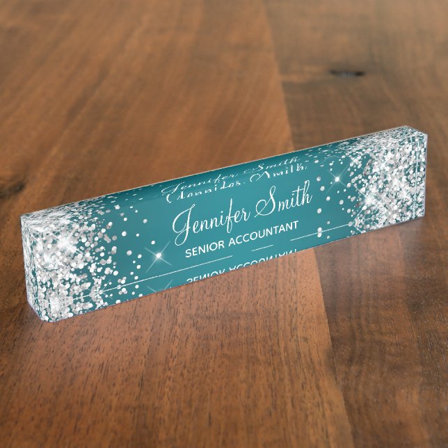 Sparkly Silver Glitter Dark Turquoise Gradient Nameplate (Side)
