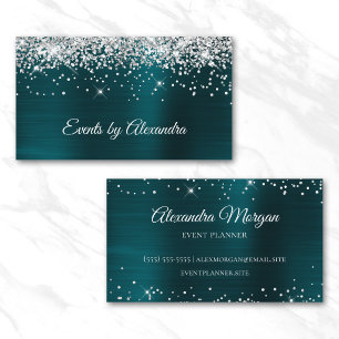 Sparkly Silver Glitter Dark Turquoise Satin Foil Business Card
