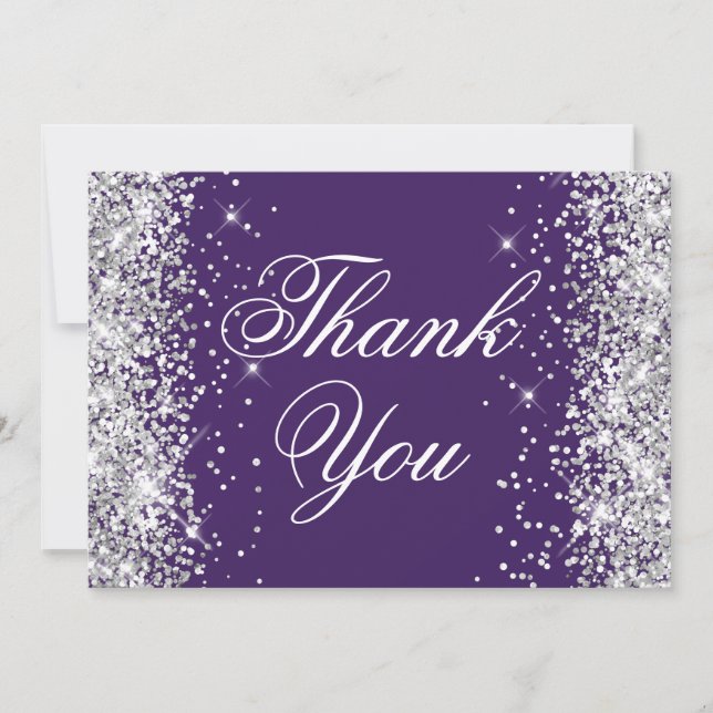 Sparkly Silver Glitter Dark Violet Thank You Card (Front)