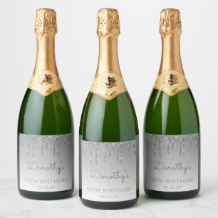 Sparkly Silver Glitter Drip 90th Birthday Sparkling Wine Label