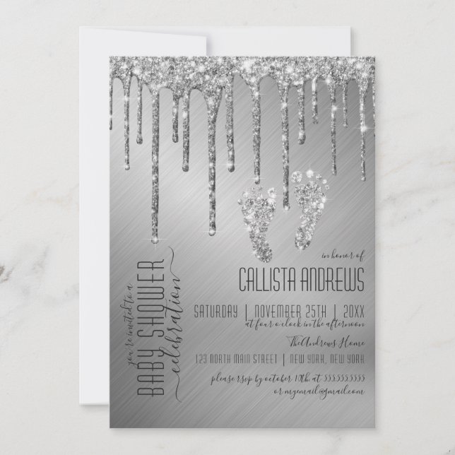 Sparkly Silver Glitter Drips Foot Baby Shower Invitation (Front)