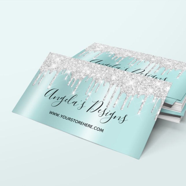 Sparkly Silver Glitter Drips Light Turquoise Ombre Business Card (Sparkly Silver Glitter Drips Light Turquoise Ombre Business Card)