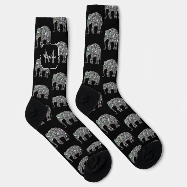 Sparkly silver glitter Elephant pattern Monogram Socks (Right)