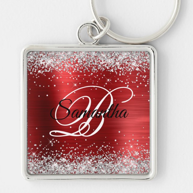Sparkly Silver Glitter Girly Red Foil Monogram Key Ring (Front)