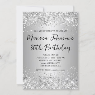 Sparkly Silver Glitter Grey Ombre 30th Birthday Invitation