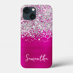 Sparkly Silver Glitter Hot Pink Glam Name iPhone 13 Mini Case