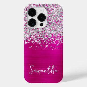 Sparkly Silver Glitter Hot Pink Glam Name Case-Mate iPhone 14 Pro Case