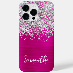 Sparkly Silver Glitter Hot Pink Glam Name Case-Mate iPhone 14 Pro Max Case