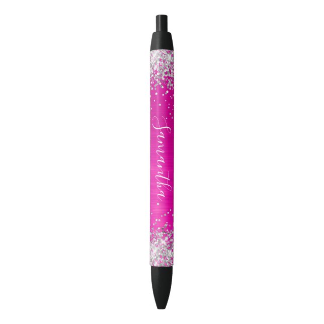 Sparkly Silver Glitter Hot Pink Ombre Foil Black Ink Pen (Front Vertical)