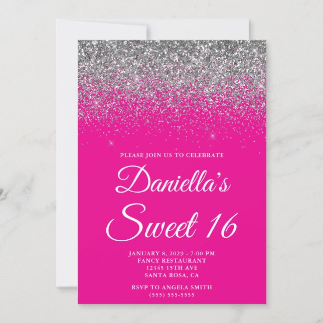Sparkly Silver Glitter Hot Pink Sweet 16 Invitation (Front)