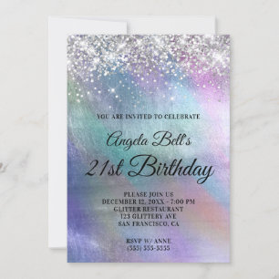 Sparkly Silver Glitter Iridescent Foil Birthday Invitation