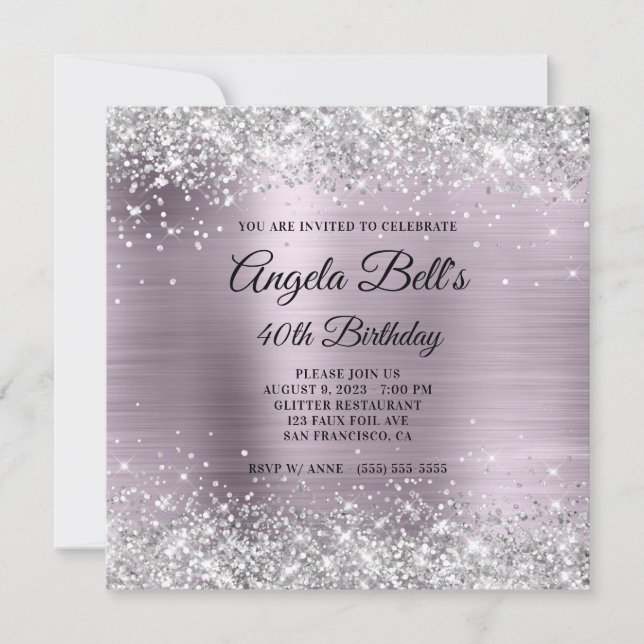 Sparkly Silver Glitter Lavender Foil 40th Birthday Invitation (Front)