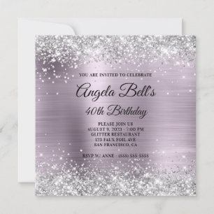 Sparkly Silver Glitter Lavender Foil 40th Birthday Invitation