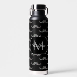 Sparkly silver glitter Moustache black Monogram Water Bottle