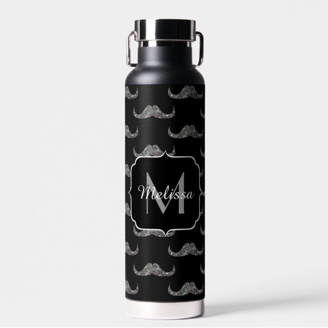 Sparkly silver glitter Moustache black Monogram Water Bottle (Front)