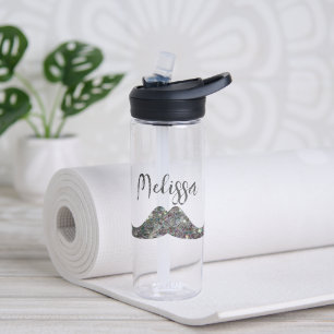 Sparkly silver glitter Moustache Monogram name Water Bottle