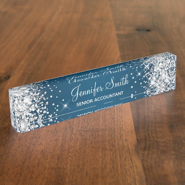 Sparkly Silver Glitter Ocean Blue Gradient Nameplate (Side)