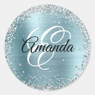 Sparkly Silver Glitter Pale Blue Foil Monogram Classic Round Sticker