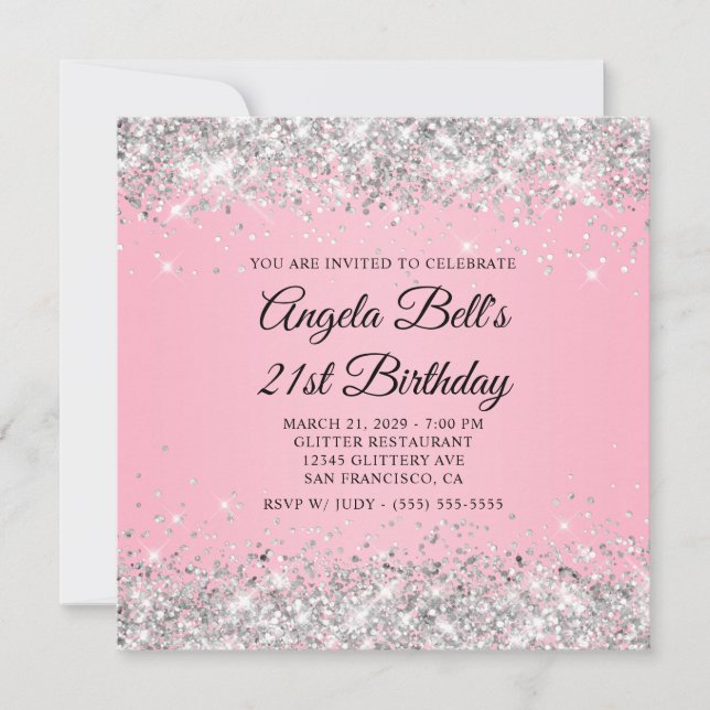Sparkly Silver Glitter Pink 21st Birthday Invitation (Front)